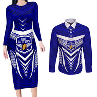 Kimbe Cutters Rugby Couples Matching Long Sleeve Bodycon Dress and Long Sleeve Button Shirts Papua New Guinea Polynesian Tattoo Blue Version LT03 Blue - Polynesian Pride
