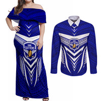 Kimbe Cutters Rugby Couples Matching Off Shoulder Maxi Dress and Long Sleeve Button Shirts Papua New Guinea Polynesian Tattoo Blue Version LT03 Blue - Polynesian Pride