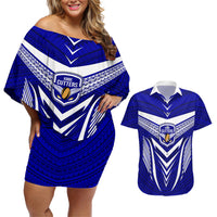 Kimbe Cutters Rugby Couples Matching Off Shoulder Short Dress and Hawaiian Shirt Papua New Guinea Polynesian Tattoo Blue Version LT03 Blue - Polynesian Pride