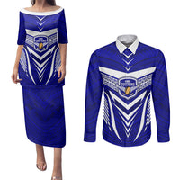 Custom Kimbe Cutters Rugby Couples Matching Puletasi Dress and Long Sleeve Button Shirts Papua New Guinea Polynesian Tattoo Blue Version LT03 Blue - Polynesian Pride
