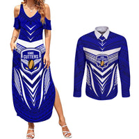 Custom Kimbe Cutters Rugby Couples Matching Summer Maxi Dress and Long Sleeve Button Shirts Papua New Guinea Polynesian Tattoo Blue Version LT03 Blue - Polynesian Pride