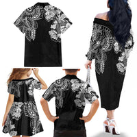 Japanese Irezumi and Hawaiian Polynesian Art Tattoo Family Matching Off The Shoulder Long Sleeve Dress and Hawaiian Shirt Black Color - Polynesian Pride