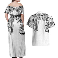 Japanese Irezumi and Hawaiian Polynesian Art Tattoo Couples Matching Off Shoulder Maxi Dress and Hawaiian Shirt White Color LT03 - Polynesian Pride