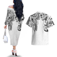 Japanese Irezumi and Hawaiian Polynesian Art Tattoo Couples Matching Off The Shoulder Long Sleeve Dress and Hawaiian Shirt White Color - Polynesian Pride
