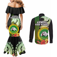 Hawaii Kaimuki High School Couples Matching Mermaid Dress and Long Sleeve Button Shirt Tribal Kakau Pattern Mix Hibiscus Flower LT03 - Polynesian Pride
