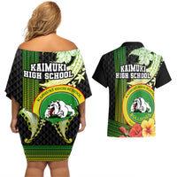 Hawaii Kaimuki High School Couples Matching Off Shoulder Short Dress and Hawaiian Shirt Tribal Kakau Pattern Mix Hibiscus Flower LT03 - Polynesian Pride