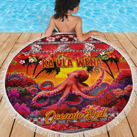 Hawaii KaʻUla Wena Octopus Beach Blanket Oceanic Red with Corals and Tropical On Sunset Landscape