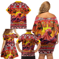 Hawaii KaUla Wena Octopus Family Matching Off Shoulder Short Dress and Hawaiian Shirt Oceanic Red with Corals and Tropical On Sunset Landscape LT03 - Polynesian Pride