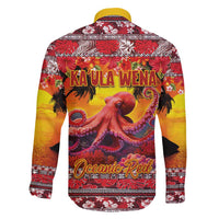 Hawaii KaUla Wena Octopus Family Matching Off Shoulder Short Dress and Hawaiian Shirt Oceanic Red with Corals and Tropical On Sunset Landscape LT03 - Polynesian Pride
