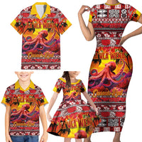 Hawaii KaʻUla Wena Octopus Family Matching Short Sleeve Bodycon Dress and Hawaiian Shirt Oceanic Red with Corals and Tropical On Sunset Landscape