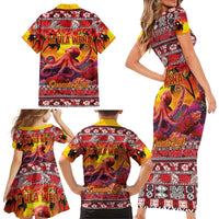 Hawaii KaʻUla Wena Octopus Family Matching Short Sleeve Bodycon Dress and Hawaiian Shirt Oceanic Red with Corals and Tropical On Sunset Landscape