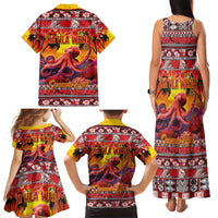 Hawaii KaʻUla Wena Octopus Family Matching Tank Maxi Dress and Hawaiian Shirt Oceanic Red with Corals and Tropical On Sunset Landscape