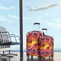 Hawaii KaʻUla Wena Octopus Luggage Cover Oceanic Red with Corals and Tropical On Sunset Landscape