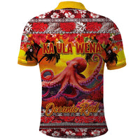 Hawaii KaʻUla Wena Octopus Polo Shirt Oceanic Red with Corals and Tropical On Sunset Landscape