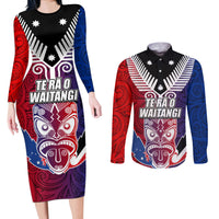 New Zealand Waitangi Couples Matching Long Sleeve Bodycon Dress and Long Sleeve Button Shirt Kia Ora Maori Koruru Tiki Mask LT03 Red - Polynesian Pride