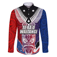 New Zealand Waitangi Family Matching Puletasi and Hawaiian Shirt Kia Ora Maori Koruru Tiki Mask LT03 Dad's Shirt - Long Sleeve Red - Polynesian Pride