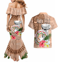 Northern Mariana Islands Hafa Adai Latte Stone Couples Matching Mermaid Dress and Hawaiian Shirt Peach Fuzz Color LT03 - Polynesian Pride
