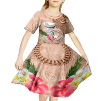 Northern Mariana Islands Hafa Adai Latte Stone Kid Short Sleeve Dress Peach Fuzz Color LT03 - Polynesian Pride