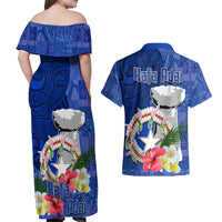 Northern Mariana Islands Hafa Adai Latte Stone Couples Matching Off Shoulder Maxi Dress and Hawaiian Shirt Blue Color LT03 - Polynesian Pride
