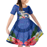 Northern Mariana Islands Hafa Adai Latte Stone Family Matching Mermaid Dress and Hawaiian Shirt Blue Color LT03 Daughter's Dress Blue - Polynesian Pride