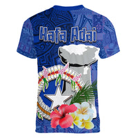 Northern Mariana Islands Hafa Adai Latte Stone Women V Neck T Shirt Blue Color LT03 - Polynesian Pride