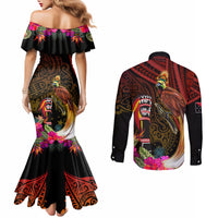 Papua New Guinea Bird-of-Paradise Couples Matching Mermaid Dress and Long Sleeve Button Shirt Hibiscus and Kundu Drum Tribal Pattern LT03 - Polynesian Pride