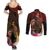 Papua New Guinea Bird-of-Paradise Couples Matching Summer Maxi Dress and Long Sleeve Button Shirt Hibiscus and Kundu Drum Tribal Pattern LT03 - Polynesian Pride