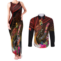 Papua New Guinea Bird-of-Paradise Couples Matching Tank Maxi Dress and Long Sleeve Button Shirt Hibiscus and Kundu Drum Tribal Pattern LT03 Yellow - Polynesian Pride