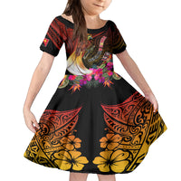 Papua New Guinea Bird-of-Paradise Family Matching Off The Shoulder Long Sleeve Dress and Hawaiian Shirt Hibiscus and Kundu Drum Tribal Pattern LT03 Daughter's Dress Yellow - Polynesian Pride