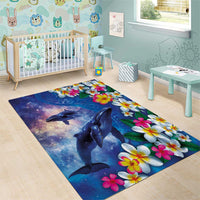 Hawaiian Lei Day Plumeria Humpback Whales Area Rug Polynesian Art Vibrant Starry Nebula Style