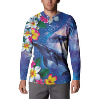 Hawaiian Lei Day Plumeria Humpback Whales Button Sweatshirt Polynesian Art Vibrant Starry Nebula Style