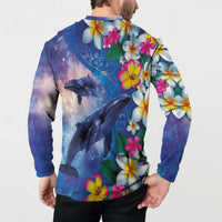 Hawaiian Lei Day Plumeria Humpback Whales Button Sweatshirt Polynesian Art Vibrant Starry Nebula Style
