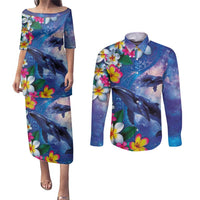 Hawaiian Lei Day Plumeria Humpback Whales Couples Matching Puletasi and Long Sleeve Button Shirt Polynesian Art Vibrant Starry Nebula Style