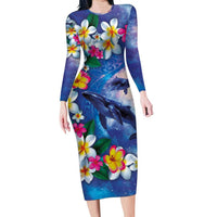 Hawaiian Lei Day Plumeria Humpback Whales Family Matching Long Sleeve Bodycon Dress and Hawaiian Shirt Polynesian Art Vibrant Starry Nebula Style