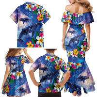 Hawaiian Lei Day Plumeria Humpback Whales Family Matching Mermaid Dress and Hawaiian Shirt Polynesian Art Vibrant Starry Nebula Style
