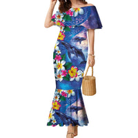 Hawaiian Lei Day Plumeria Humpback Whales Family Matching Mermaid Dress and Hawaiian Shirt Polynesian Art Vibrant Starry Nebula Style