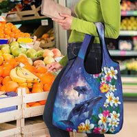 Hawaiian Lei Day Plumeria Humpback Whales Grocery Bag Polynesian Art Vibrant Starry Nebula Style