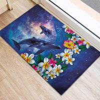 Hawaiian Lei Day Plumeria Humpback Whales Rubber Doormat Polynesian Art Vibrant Starry Nebula Style