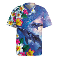 Hawaiian Lei Day Plumeria Humpback Whales Rugby Jersey Polynesian Art Vibrant Starry Nebula Style
