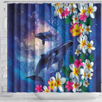 Hawaiian Lei Day Plumeria Humpback Whales Shower Curtain Polynesian Art Vibrant Starry Nebula Style