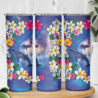 Hawaiian Lei Day Plumeria Humpback Whales Skinny Tumbler Polynesian Art Vibrant Starry Nebula Style