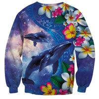 Hawaiian Lei Day Plumeria Humpback Whales Sweatshirt Polynesian Art Vibrant Starry Nebula Style