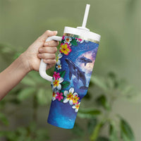Hawaiian Lei Day Plumeria Humpback Whales Tumbler With Handle Polynesian Art Vibrant Starry Nebula Style