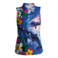 Hawaiian Lei Day Plumeria Humpback Whales Women Sleeveless Polo Shirt Polynesian Art Vibrant Starry Nebula Style