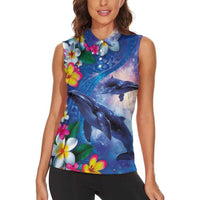 Hawaiian Lei Day Plumeria Humpback Whales Women Sleeveless Polo Shirt Polynesian Art Vibrant Starry Nebula Style