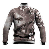 Hawaiian Lei Day Plumeria Humpback Whales Baseball Jacket Polynesian Art Vibrant Starry Nebula Grayscale Style