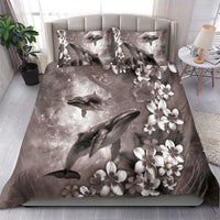 Hawaiian Lei Day Plumeria Humpback Whales Bedding Set Polynesian Art Vibrant Starry Nebula Grayscale Style