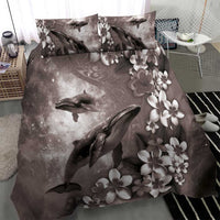 Hawaiian Lei Day Plumeria Humpback Whales Bedding Set Polynesian Art Vibrant Starry Nebula Grayscale Style