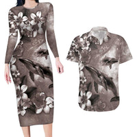 Hawaiian Lei Day Plumeria Humpback Whales Couples Matching Long Sleeve Bodycon Dress and Hawaiian Shirt Polynesian Art Vibrant Starry Nebula Grayscale Style