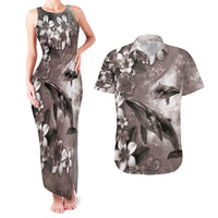 Hawaiian Lei Day Plumeria Humpback Whales Couples Matching Tank Maxi Dress and Hawaiian Shirt Polynesian Art Vibrant Starry Nebula Grayscale Style